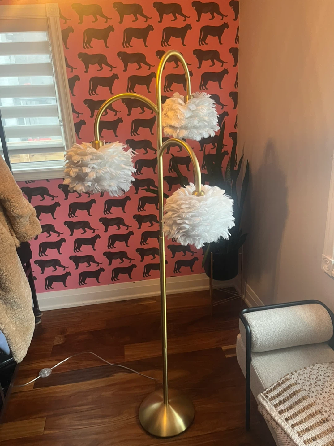 Gold Floor Lamp with White Feather Shades