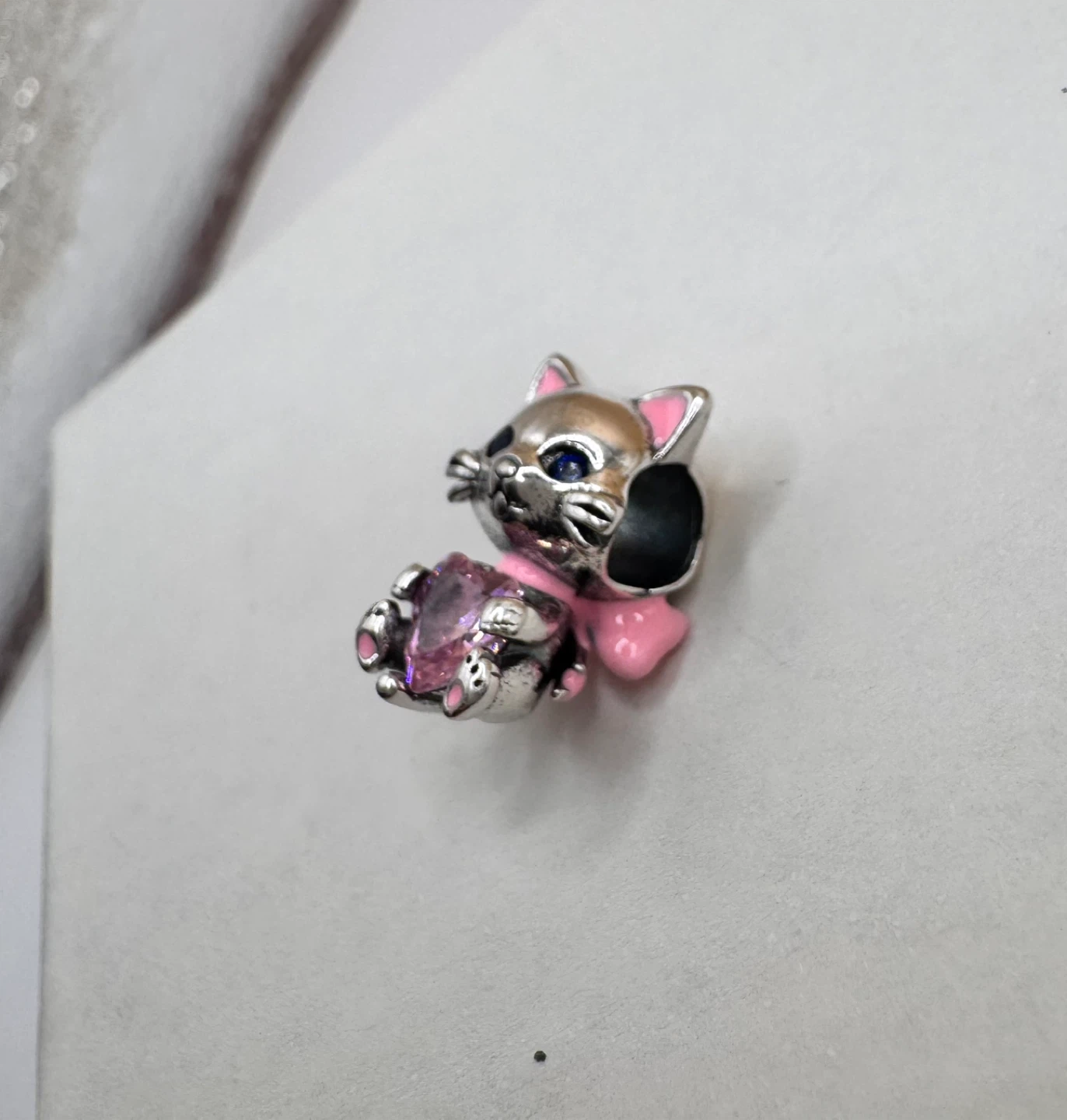 Sterling Silver 935 Cat Charm with Pink Heart and Bow - photo 4