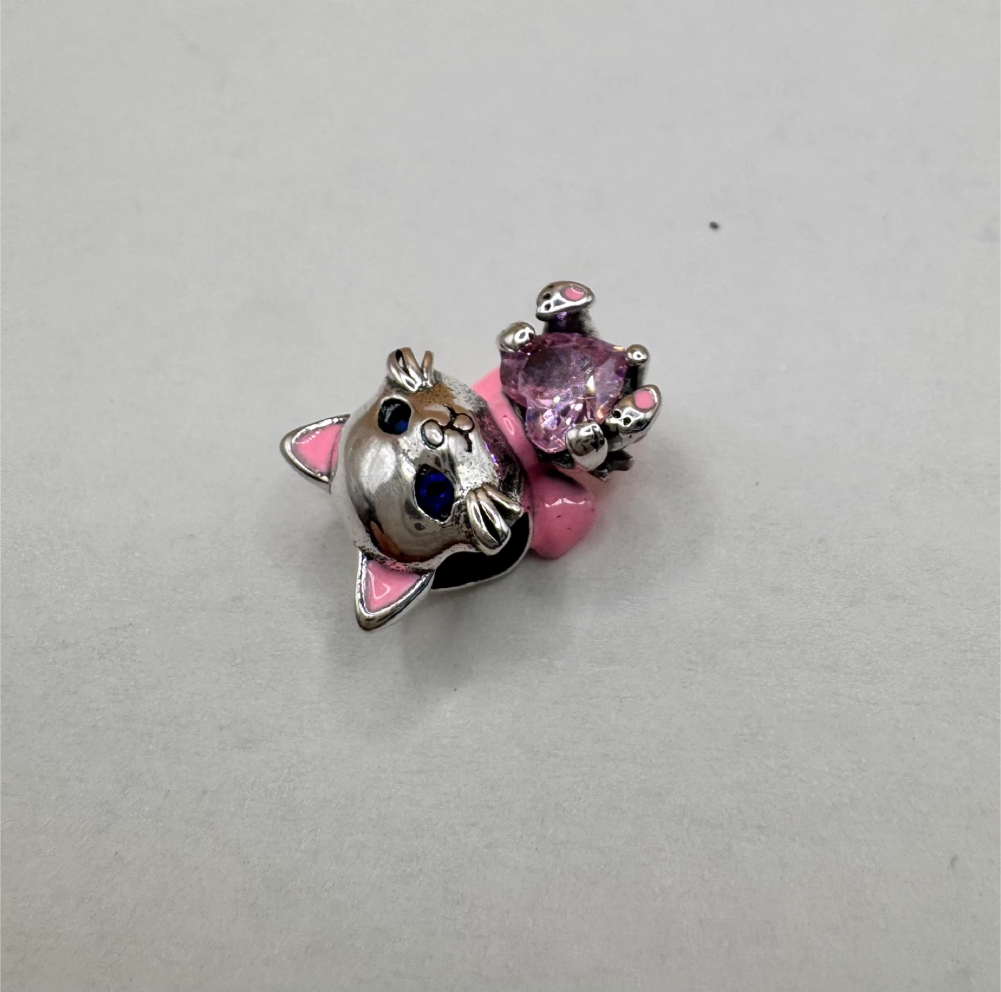 Sterling Silver 935 Cat Charm with Pink Heart and Bow - photo 2