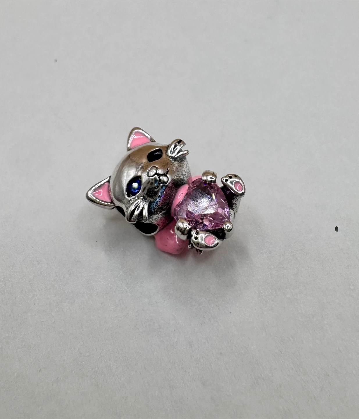 Sterling Silver 935 Cat Charm with Pink Heart and Bow