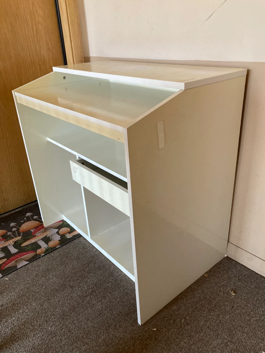 White Computer Desk with Lower Shelves & Small Drawer