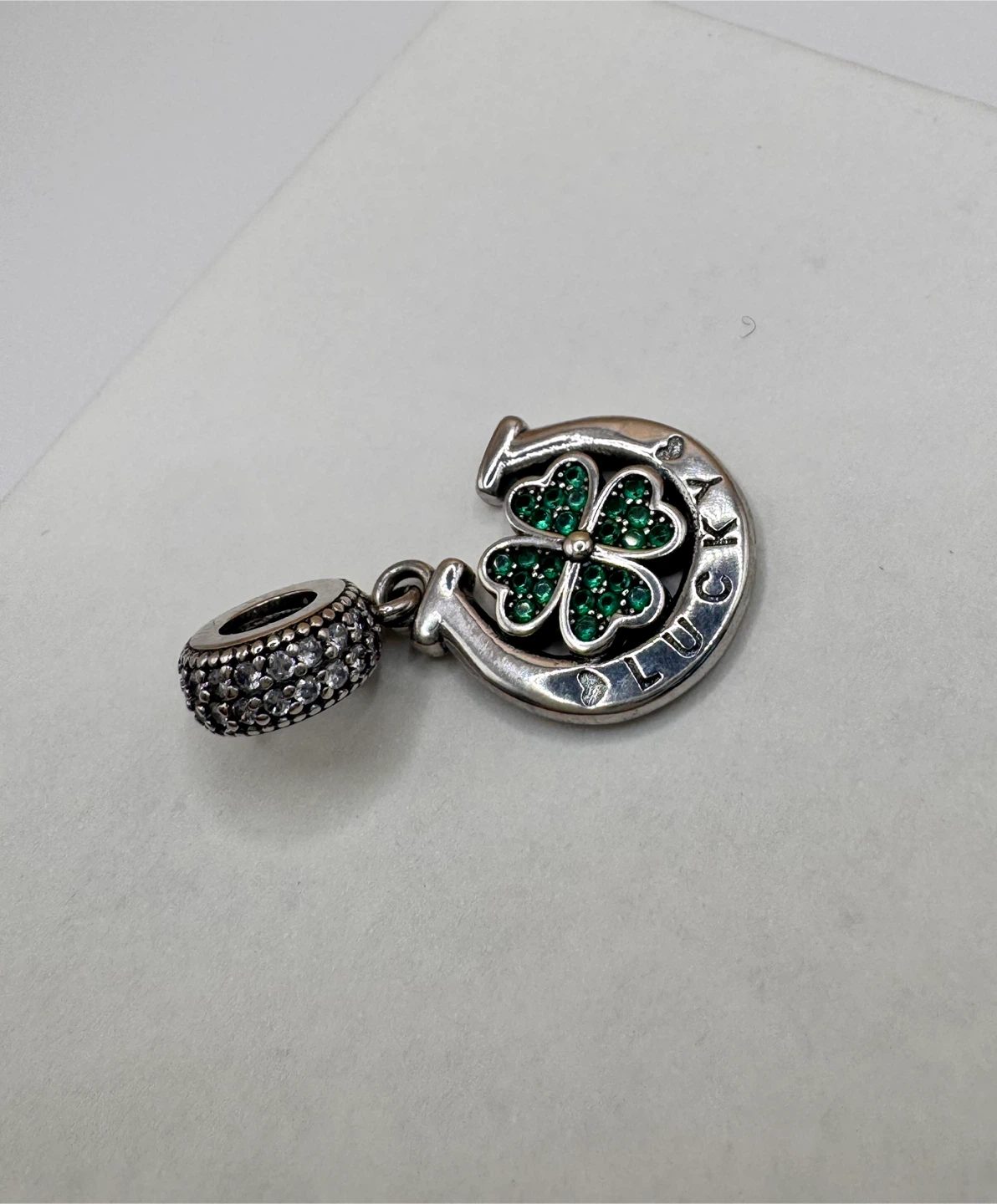 Lucky Horseshoe Clover Charm with Green Stones