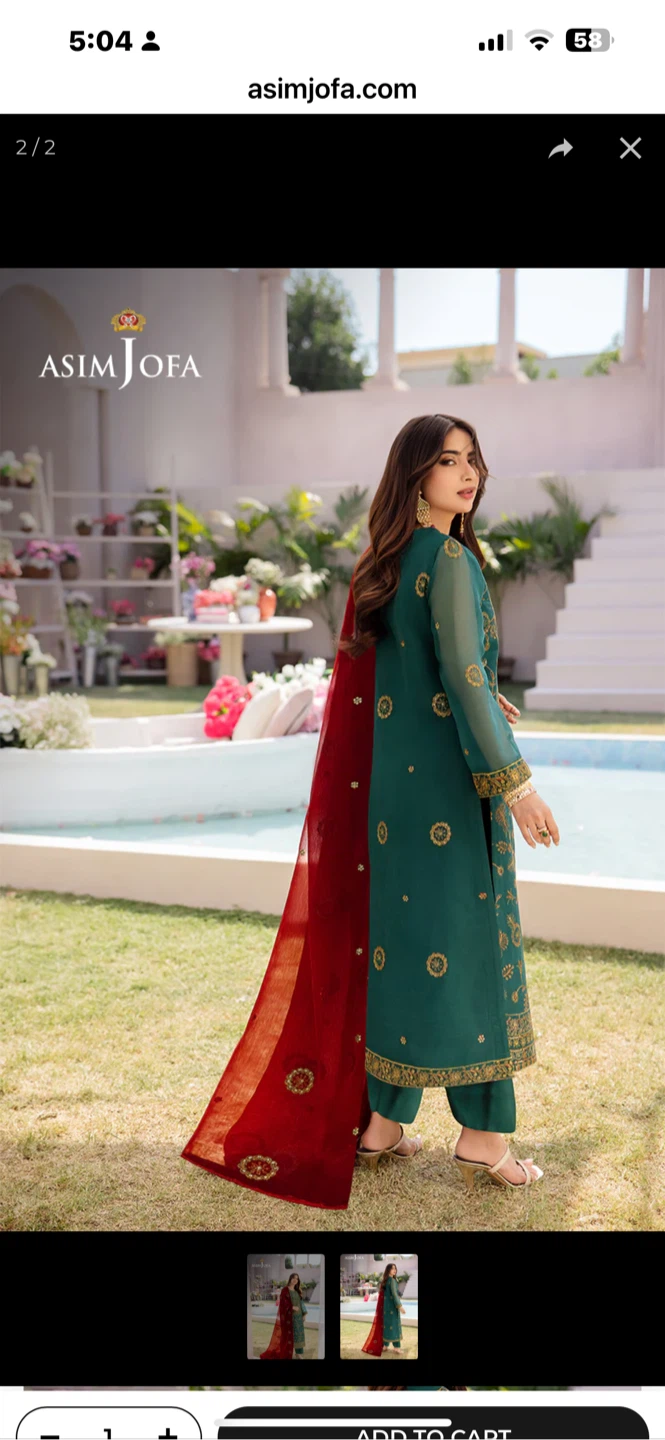 New Asim Jofa Teal Embroidered 3-Piece Suit with Red Dupatta - photo 4