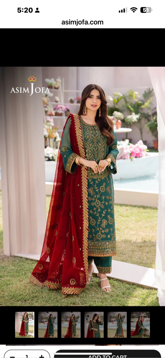 New Asim Jofa Teal Embroidered 3-Piece Suit with Red Dupatta