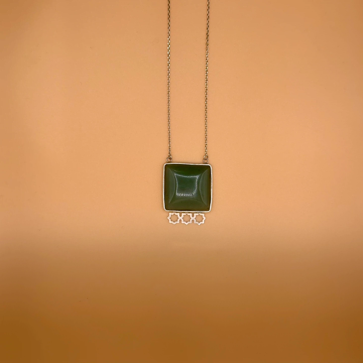 Handmade Square Green Jade Pendant Necklace with Silver Chain - photo 2