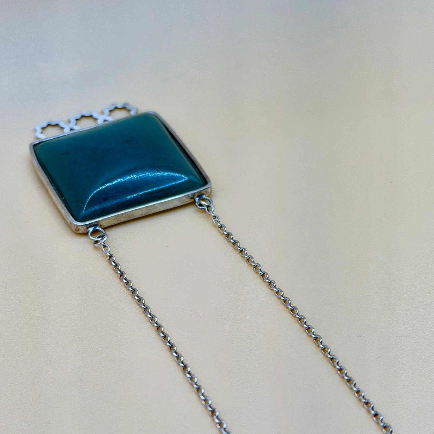 Handmade Square Green Jade Pendant Necklace with Silver Chain - photo 3