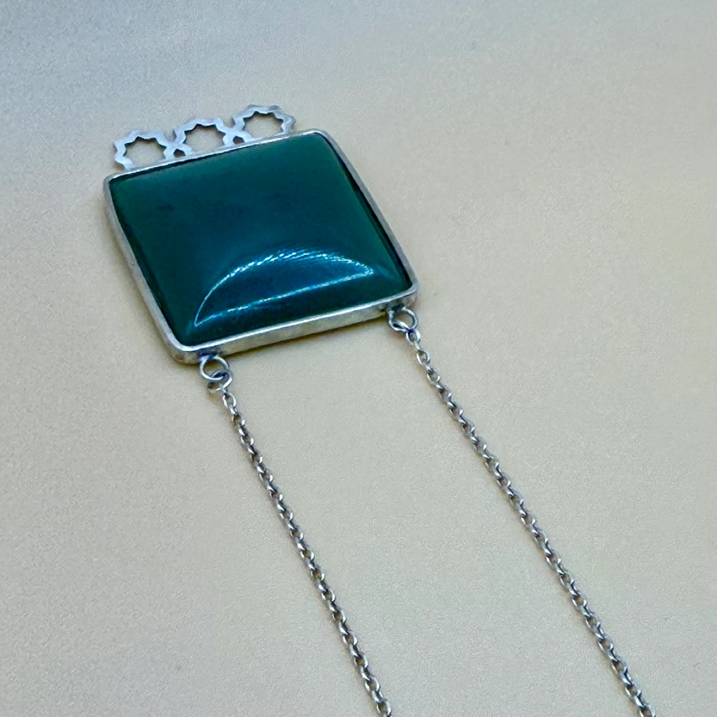 Handmade Square Green Jade Pendant Necklace with Silver Chain - photo 4