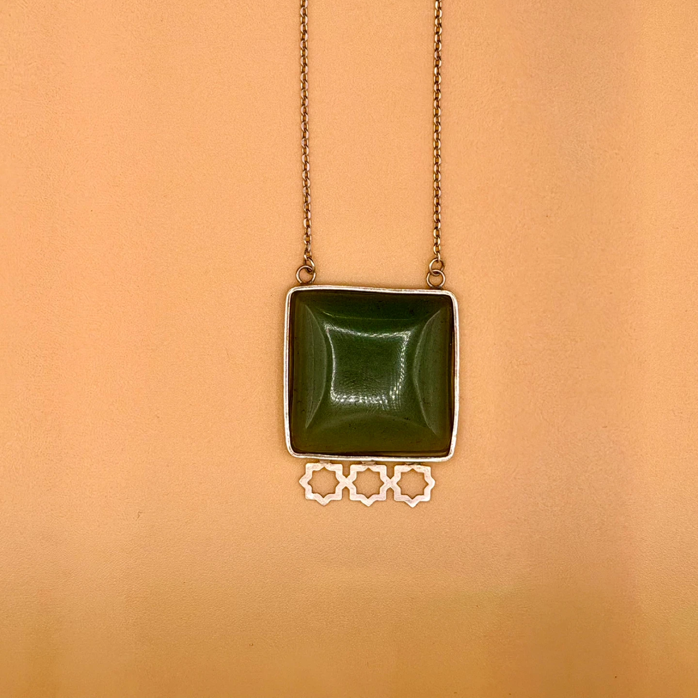 Handmade Square Green Jade Pendant Necklace with Silver Chain