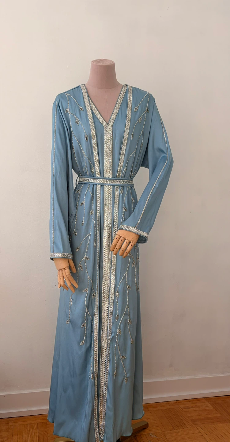 Blue Kaftan Dress with Silver Embellishments