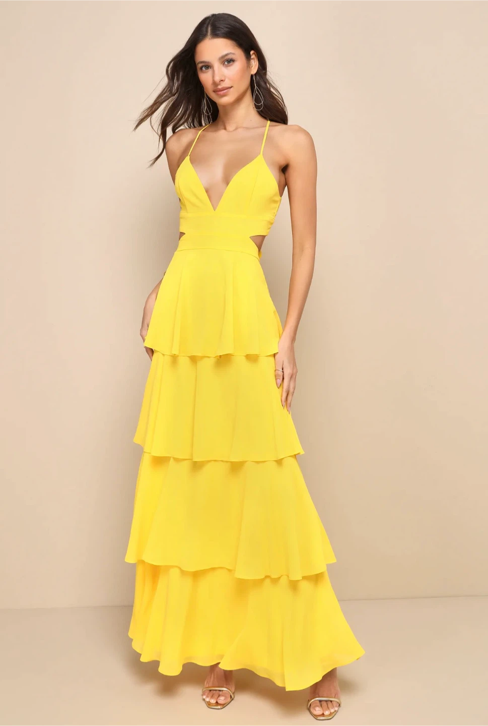 LULUS Tier and Now Yellow Tie-Back Tiered Maxi Dress