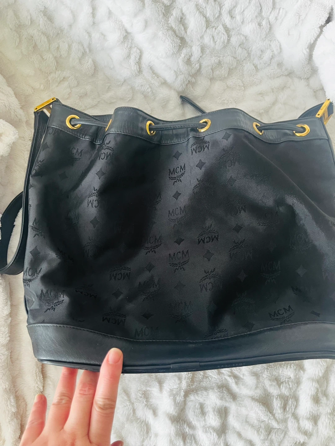 MCM Black Monogram Drawstring Bucket Bag