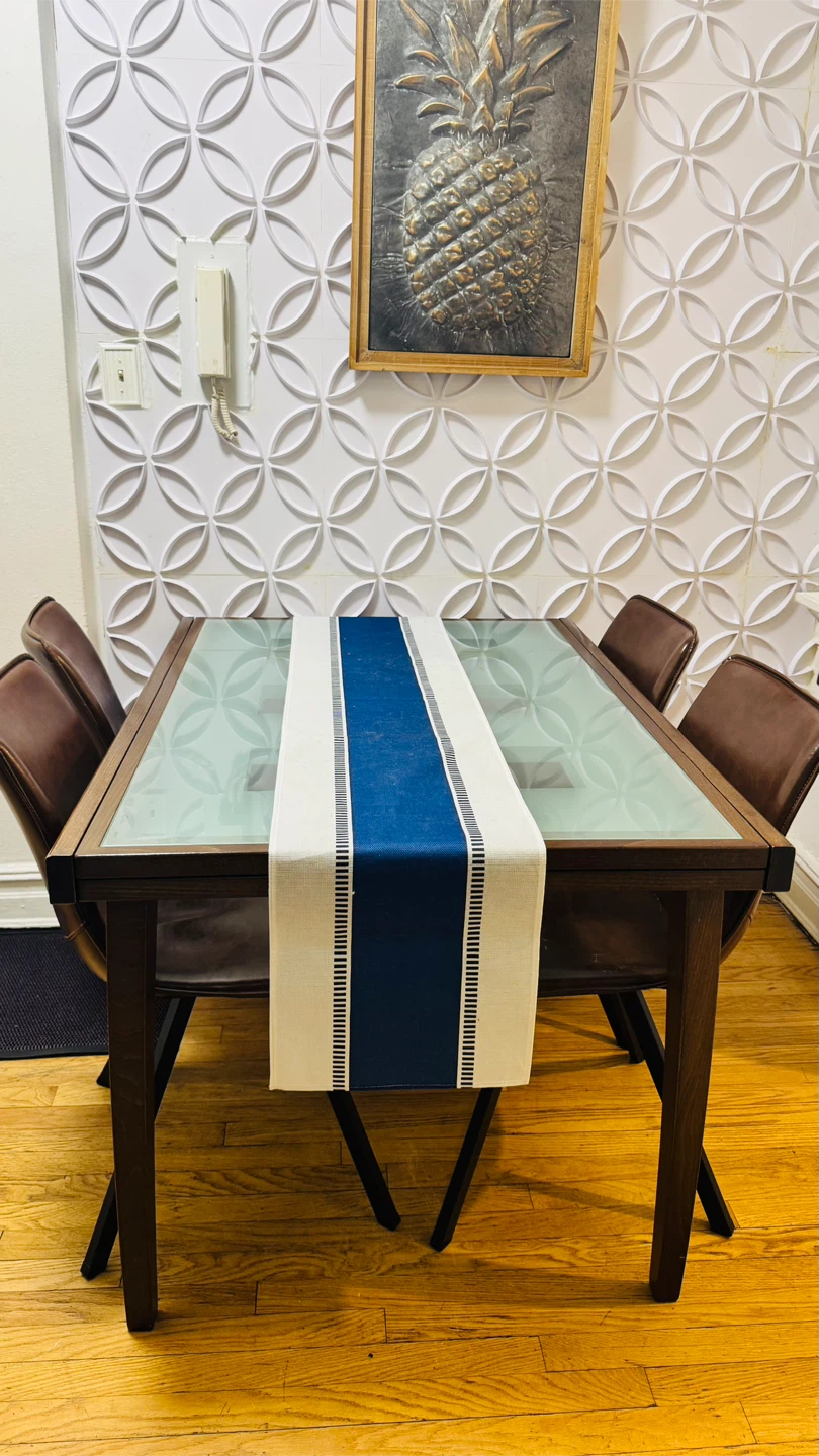 Dining Table with Frosted Glass Top and 4 Brown Chairs