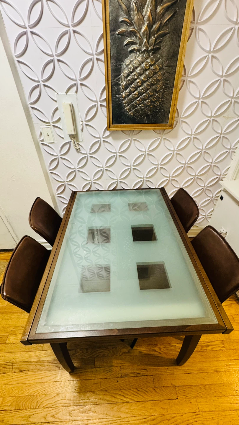 Dining Table with Frosted Glass Top and 4 Brown Chairs - photo 2