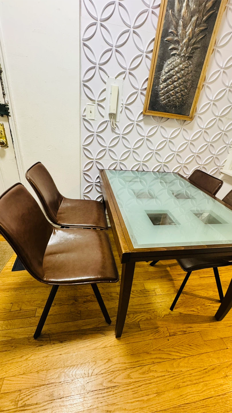 Dining Table with Frosted Glass Top and 4 Brown Chairs - photo 3