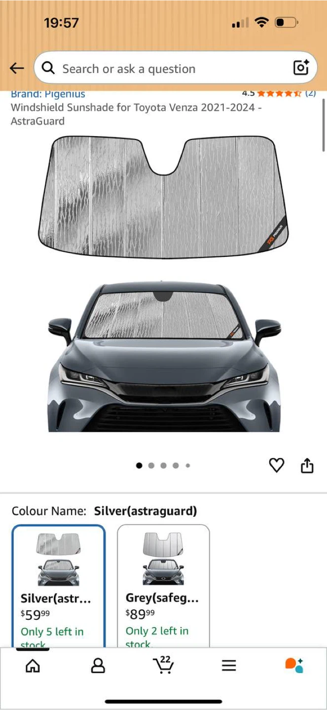 Pigenius Windshield Sunshade for Toyota Venza 2021–2024