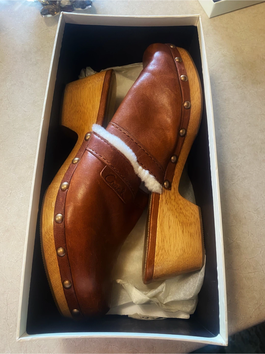 🤎Coach Brown Leather & Shearling Clogs