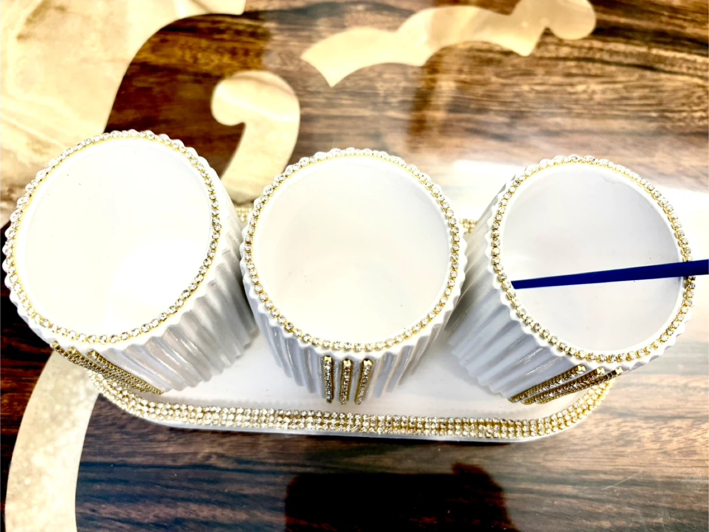 Handmade decorative tray with 3 holders and gold rhinestone - photo 2