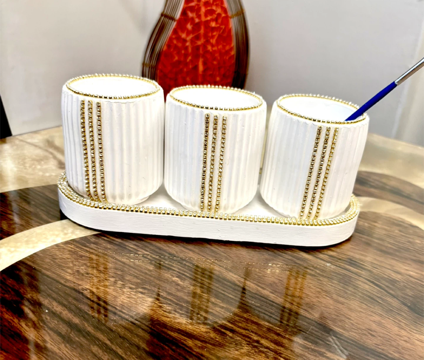 Handmade decorative tray with 3 holders and gold rhinestone