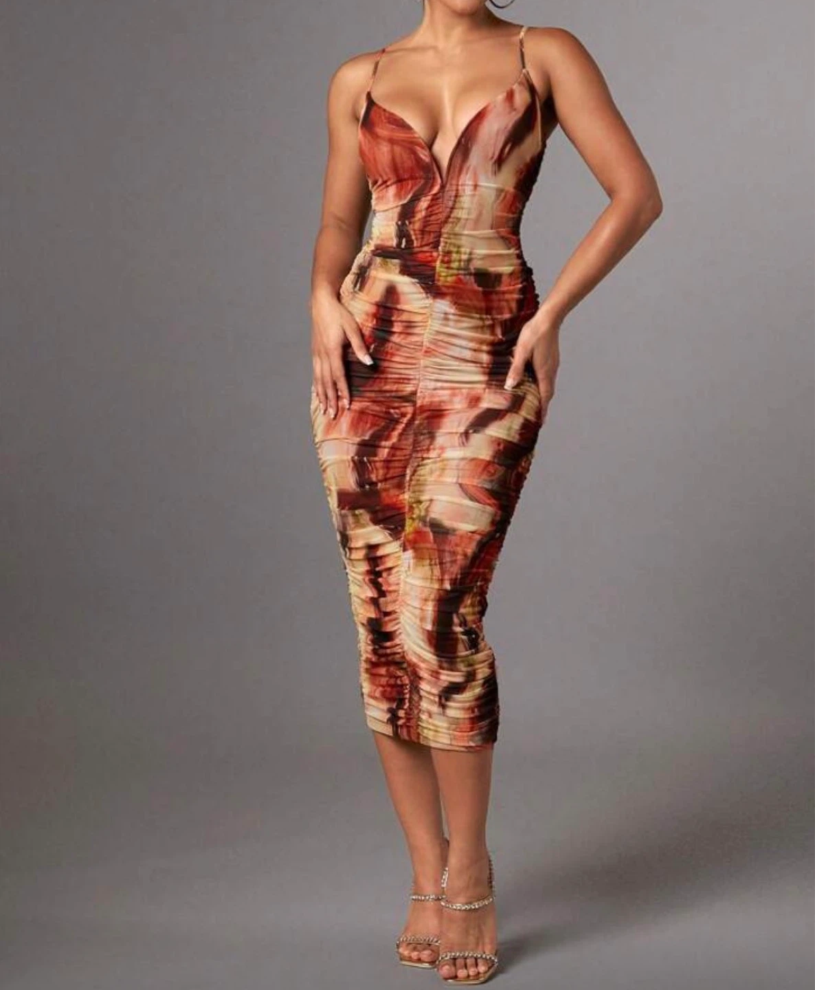 Ruched Print Midi Dress