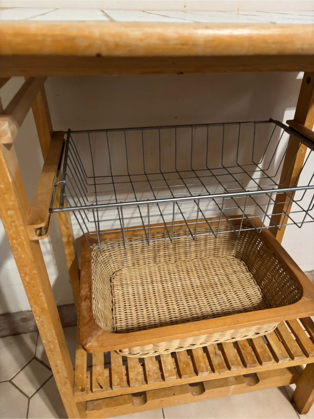 Wooden Kitchen Trolley with Basket and Wire Rack - photo 2
