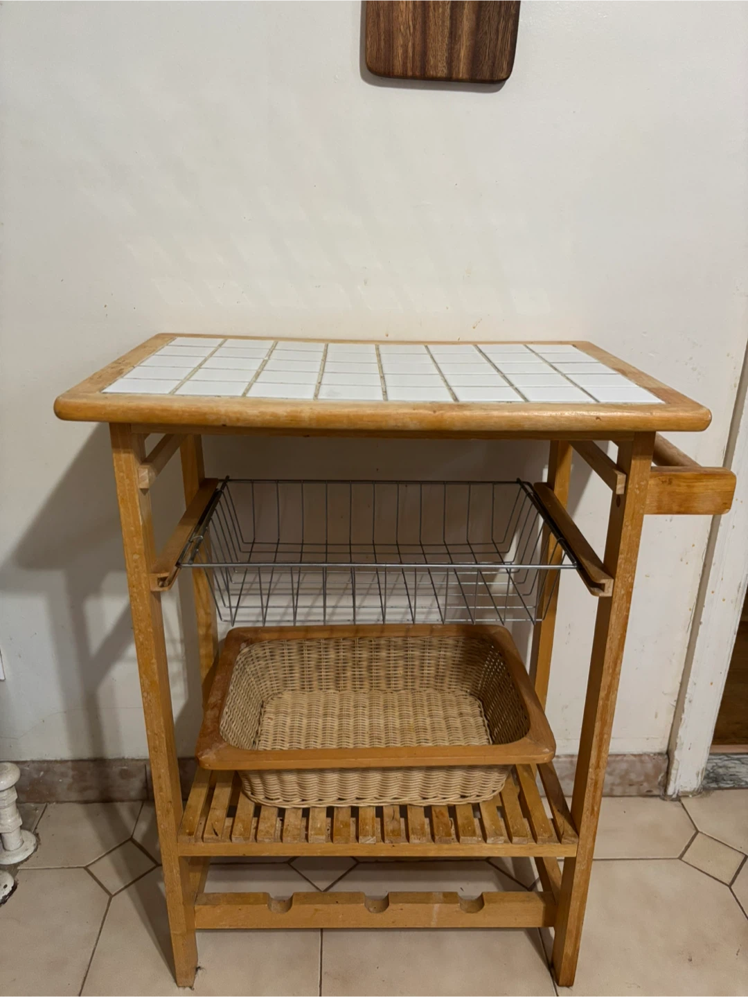 Wooden Kitchen Trolley with Basket and Wire Rack