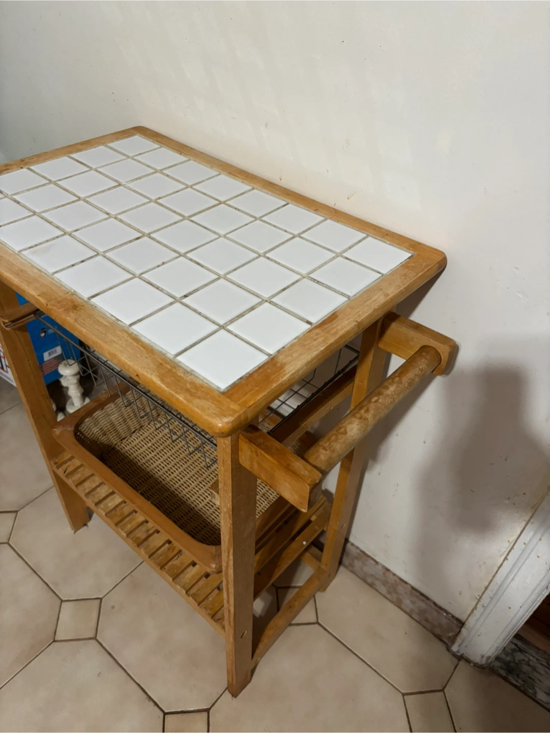 Wooden Kitchen Trolley with Basket and Wire Rack - photo 3