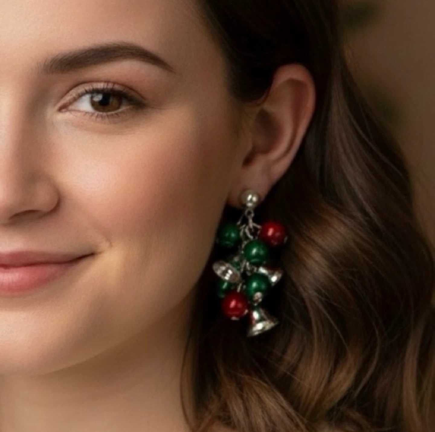 Christmas Ball and Bell Cluster Dangle Earrings Red Silver Green
