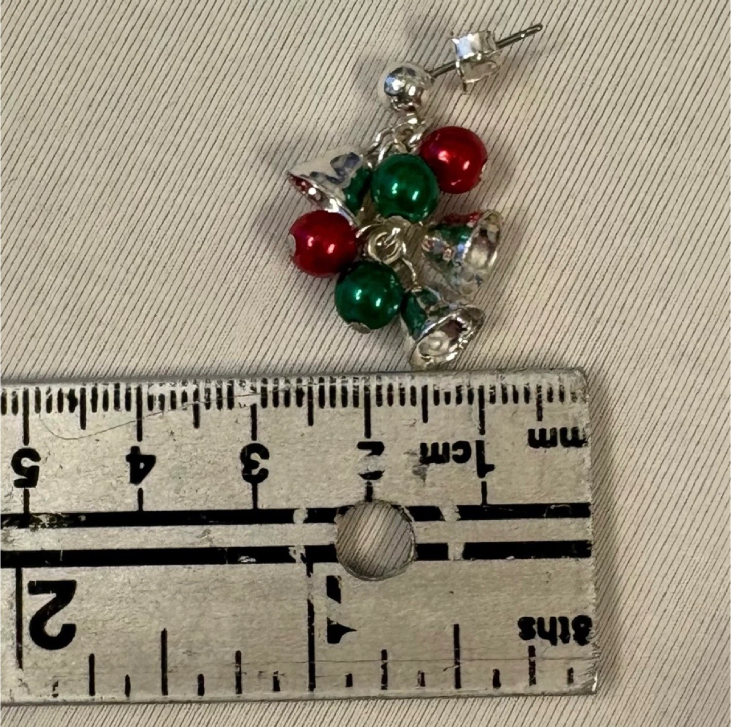 Christmas Ball and Bell Cluster Dangle Earrings Red Silver Green - photo 5