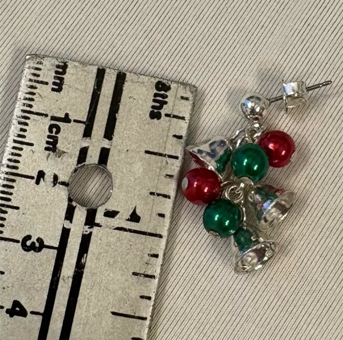 Christmas Ball and Bell Cluster Dangle Earrings Red Silver Green - photo 4