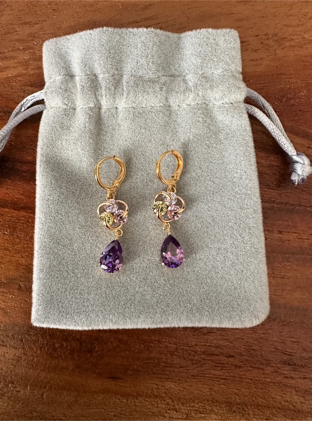 Purple Teardrop Dangle Earrings with Flower Accent