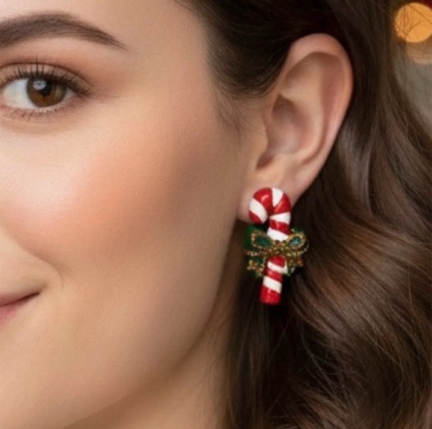 Vintage Candy Cane Christmas Stud Earrings Red Green Gold