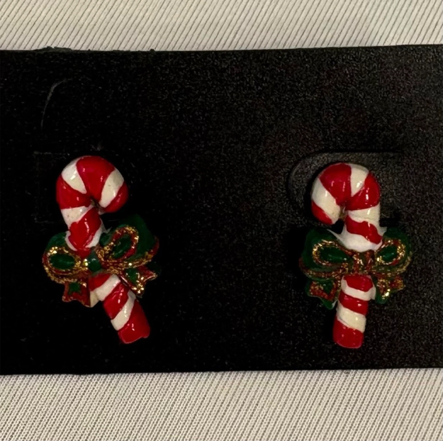 Vintage Candy Cane Christmas Stud Earrings Red Green Gold - photo 2