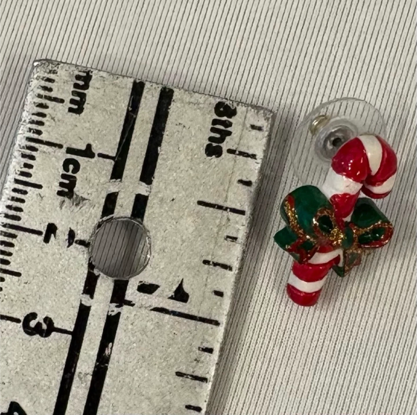 Vintage Candy Cane Christmas Stud Earrings Red Green Gold - photo 4