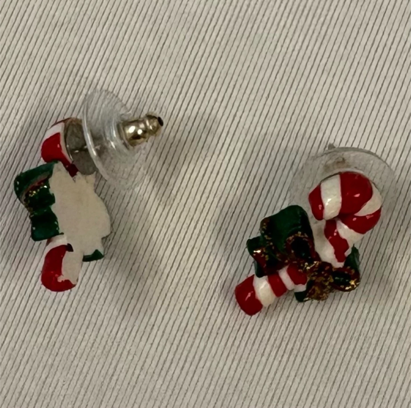 Vintage Candy Cane Christmas Stud Earrings Red Green Gold - photo 3