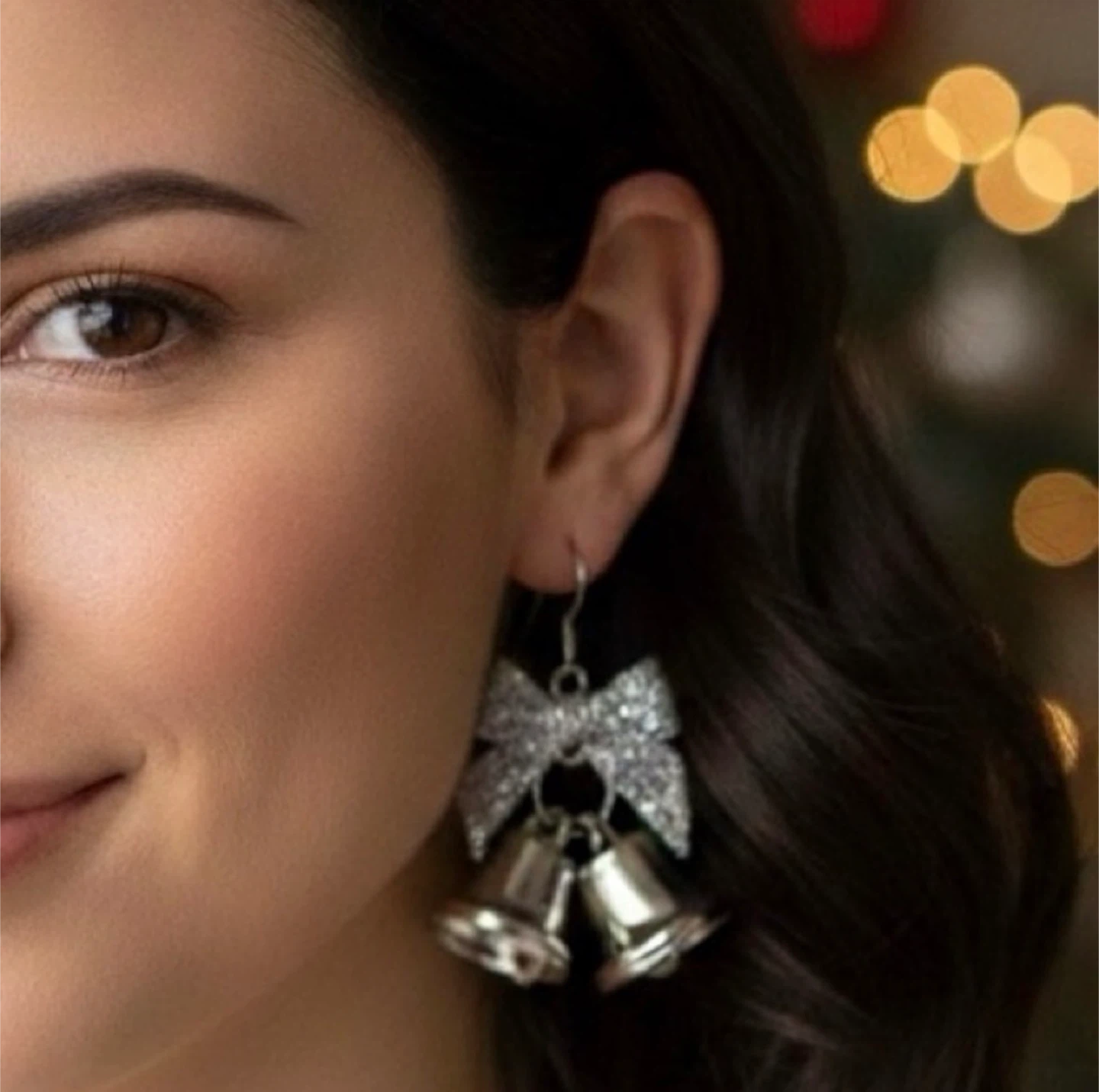 Festive Silver Christmas Jingle Bell Earrings with Glitter Bow