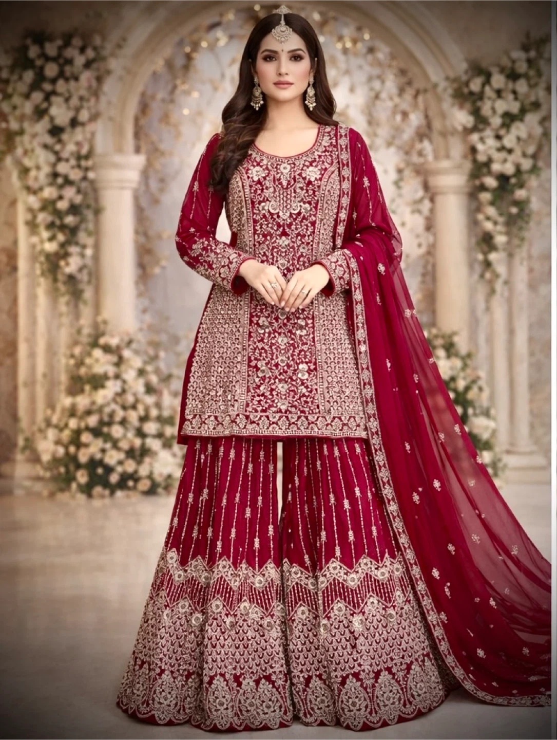 Women's Embroidered magenta Sharara Suit