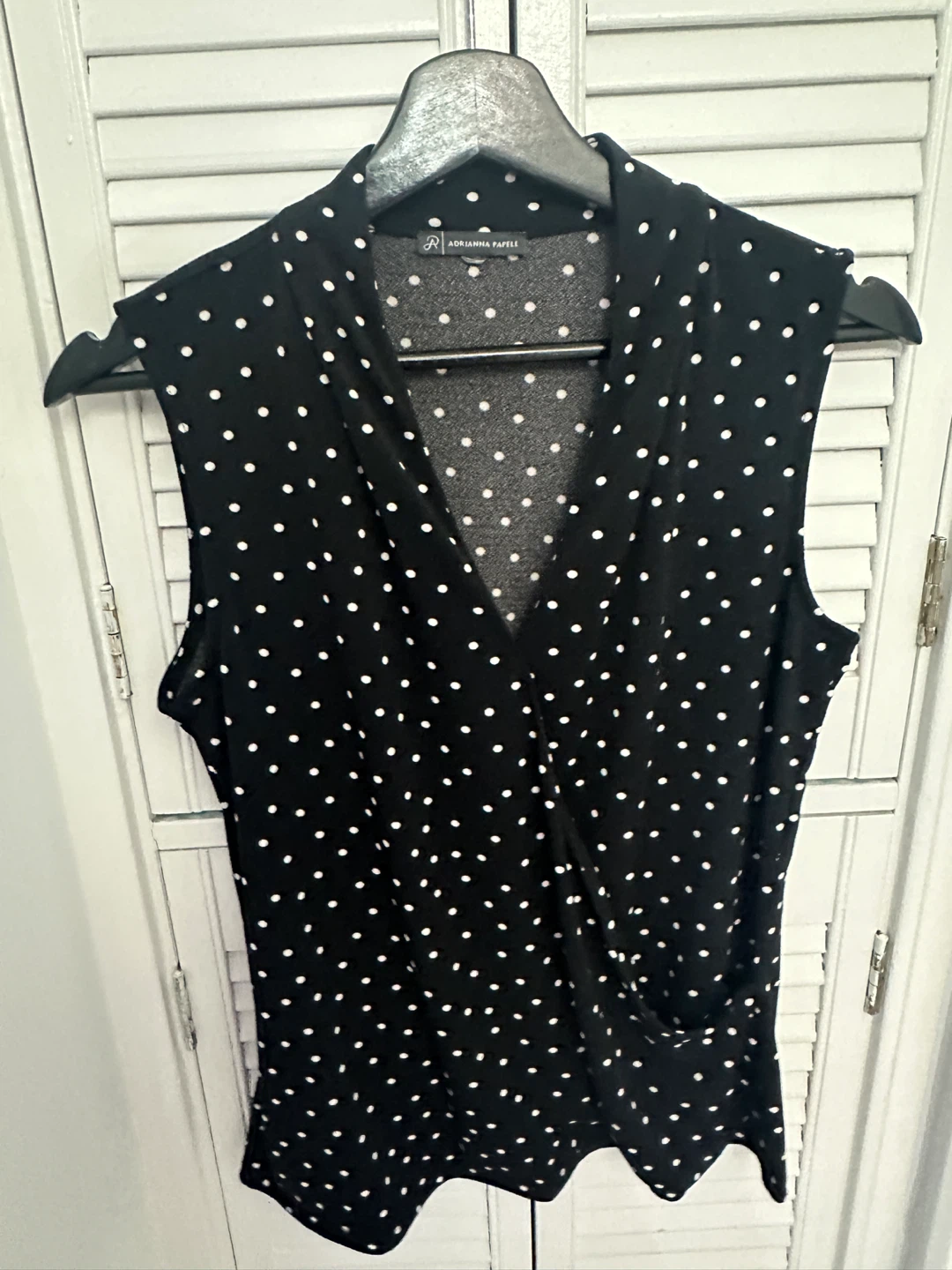 Adrianna Papell Black Polka Dot Sleeveless Wrap Top