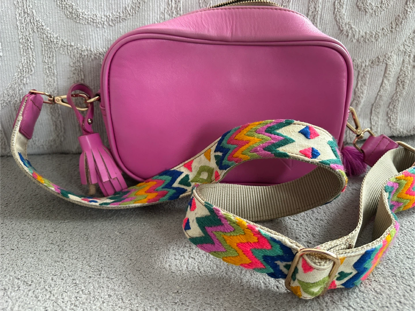 Pink Leather Crossbody Bag with Embroidered Strap