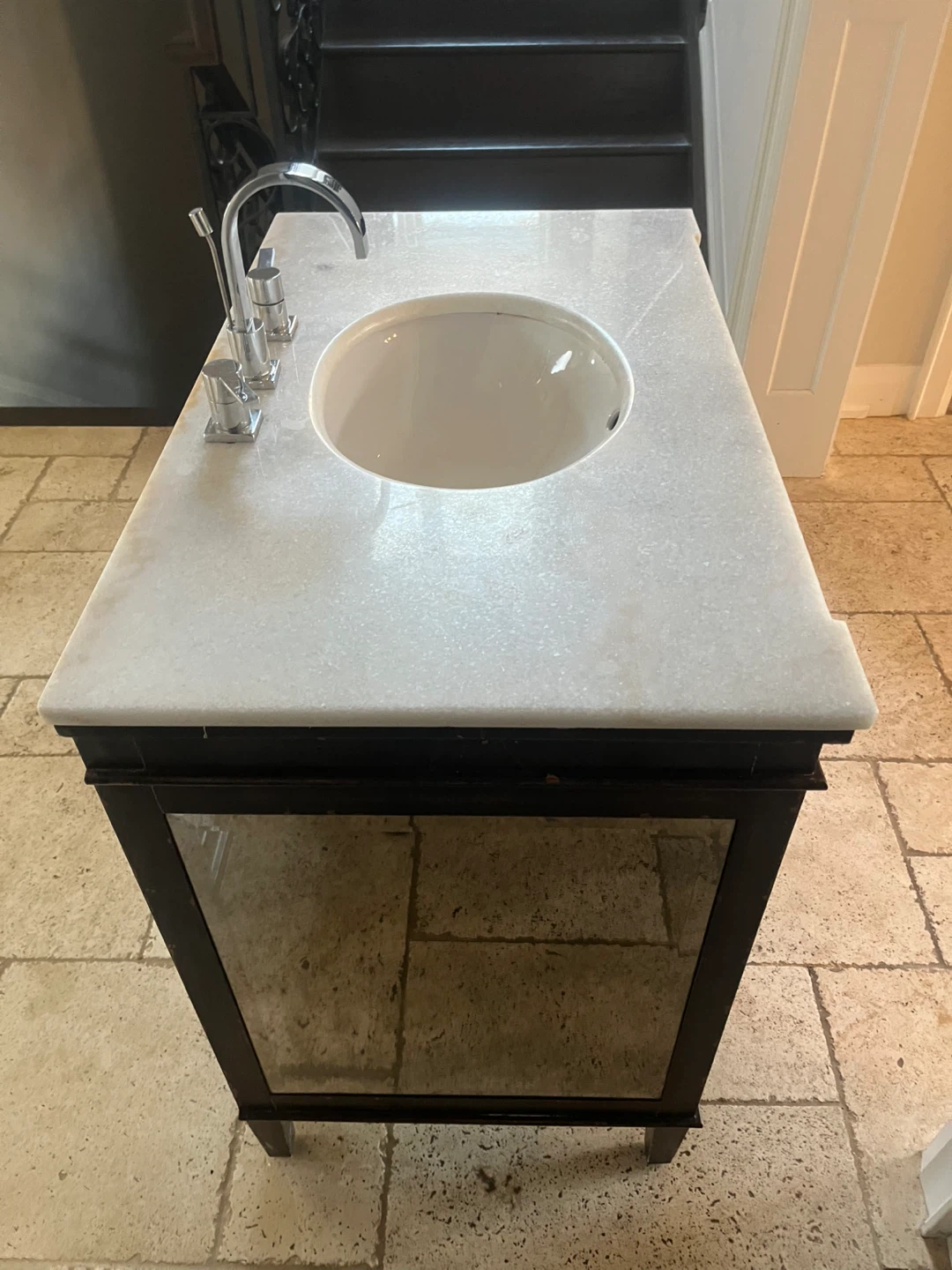 Marble Top Vanity with Mirrored Cabinet and Faucet