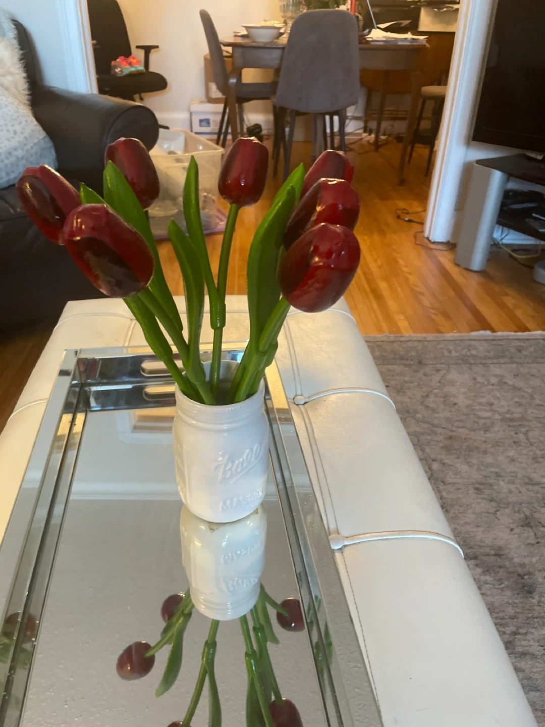Faux Red Tulips in White Mason Jar Vase