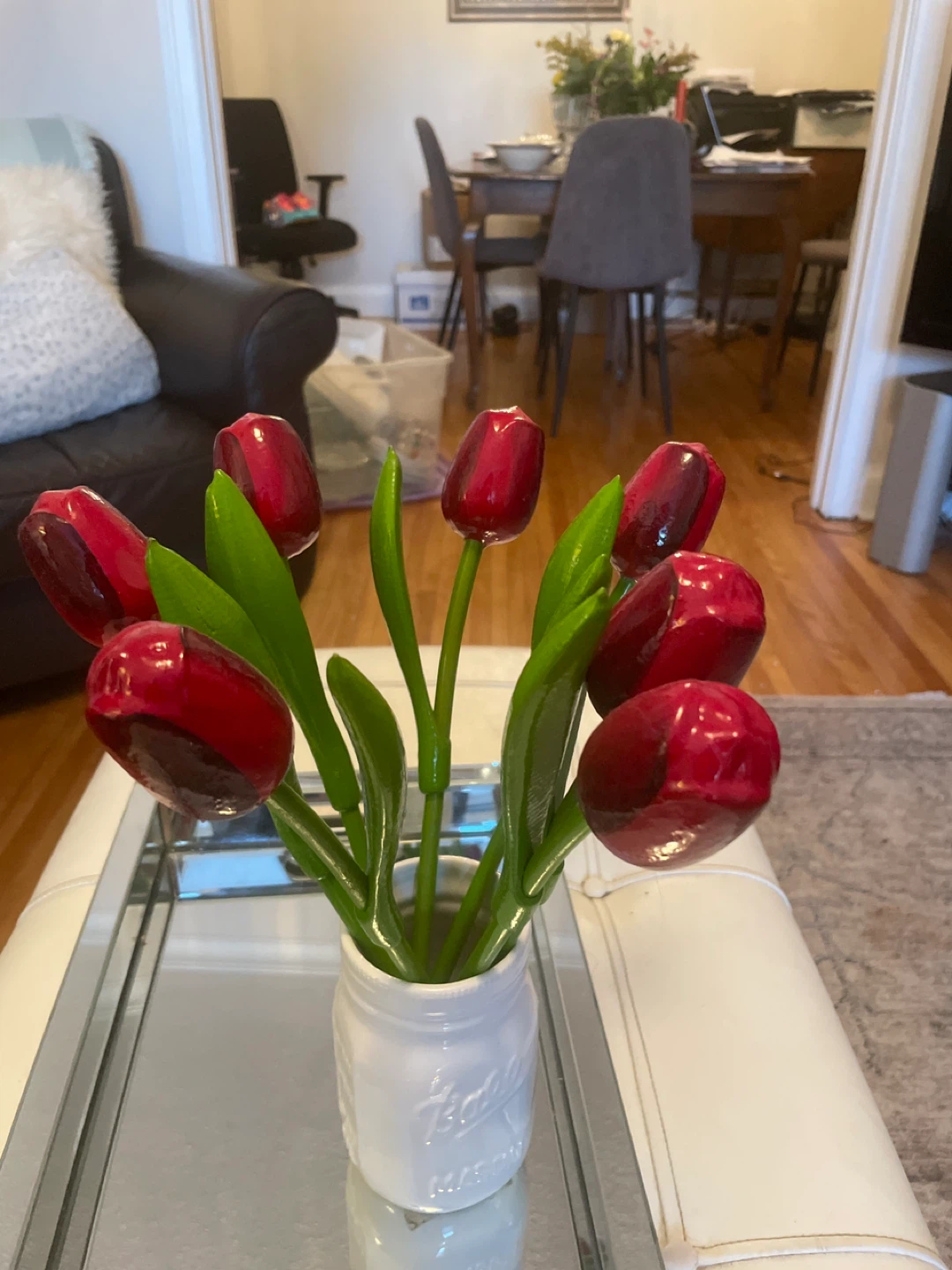 Faux Red Tulips in White Mason Jar Vase - photo 3