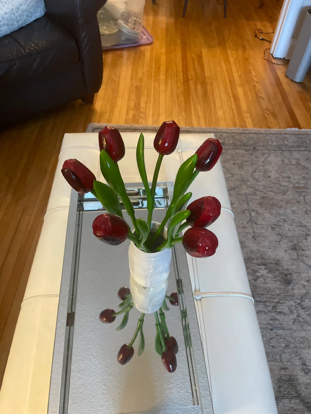Faux Red Tulips in White Mason Jar Vase - photo 2