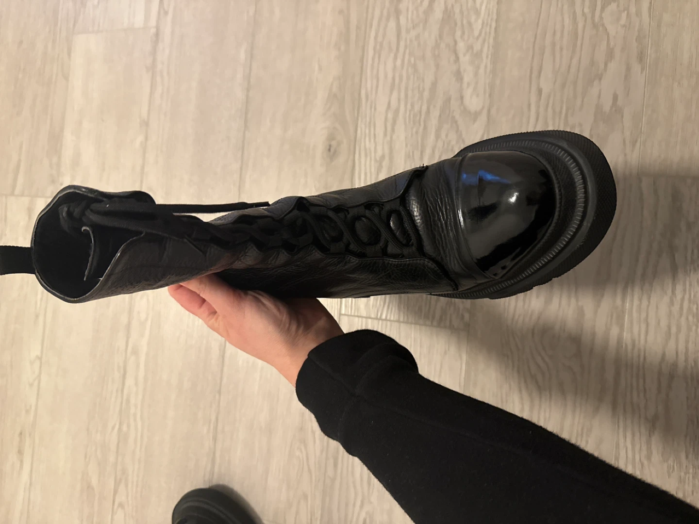 Black Leather Chunky Sole Combat Boots - photo 2