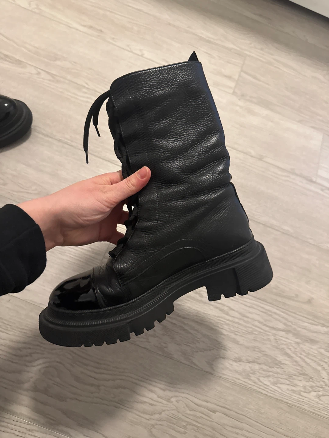 Black Leather Chunky Sole Combat Boots - photo 3