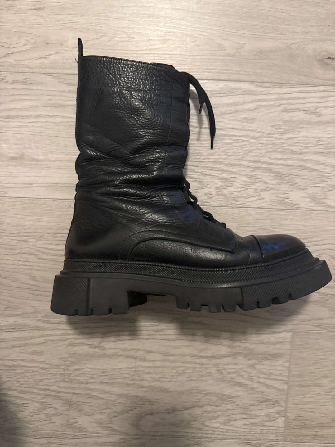Black Leather Chunky Sole Combat Boots