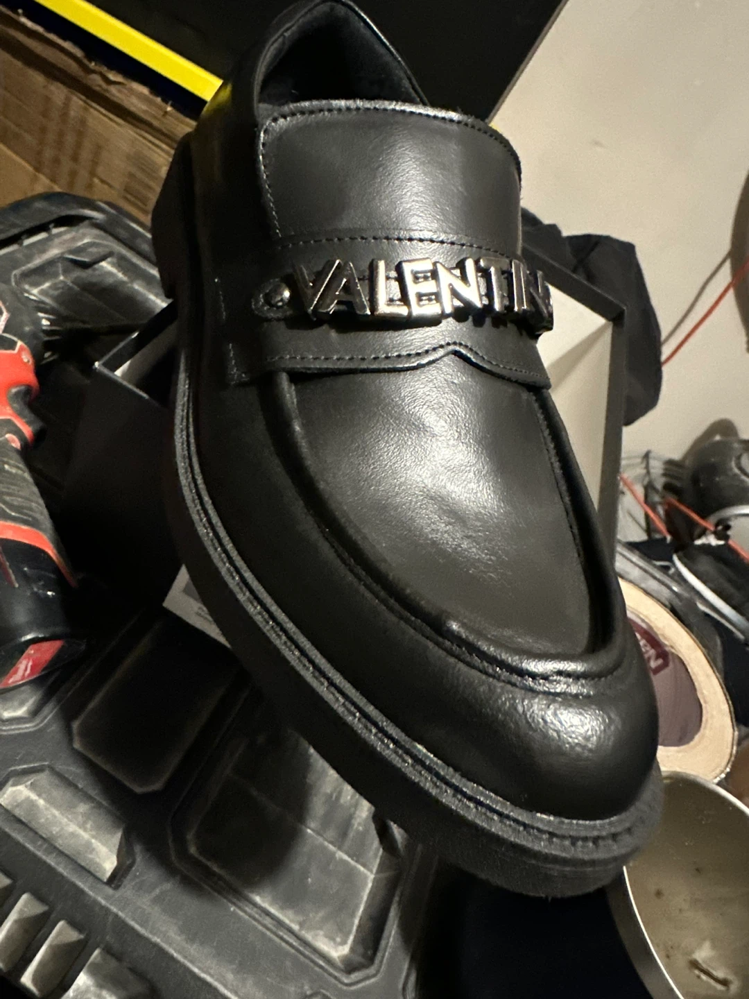 Valentino Black Leather Loafers with Silver Chain Detail - photo 2