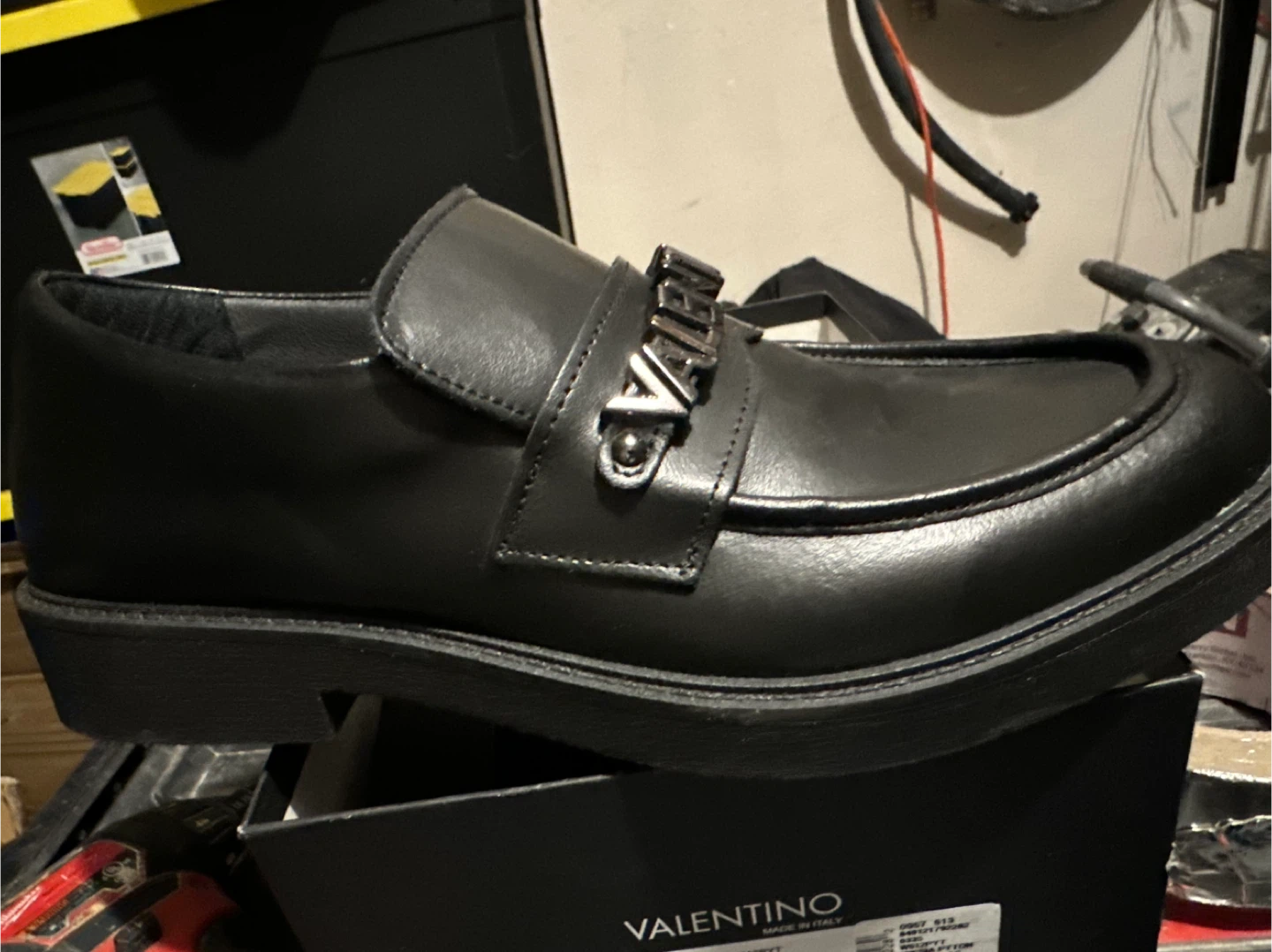 Valentino Black Leather Loafers with Silver Chain Detail