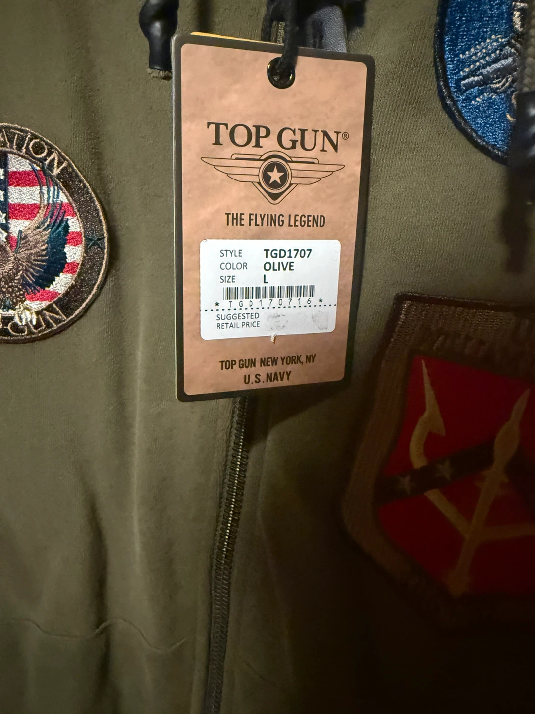 Top Gun Olive Zip-Up Hoodie with Patches - Size L - photo 3