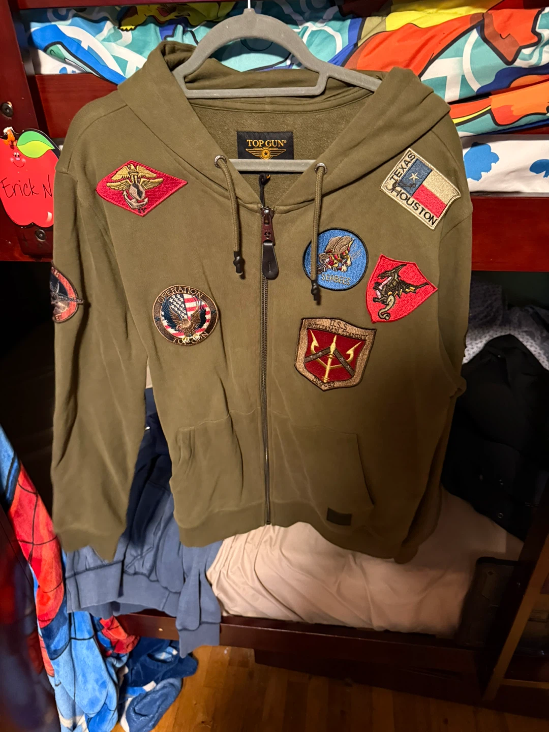 Top Gun Olive Zip-Up Hoodie with Patches - Size L