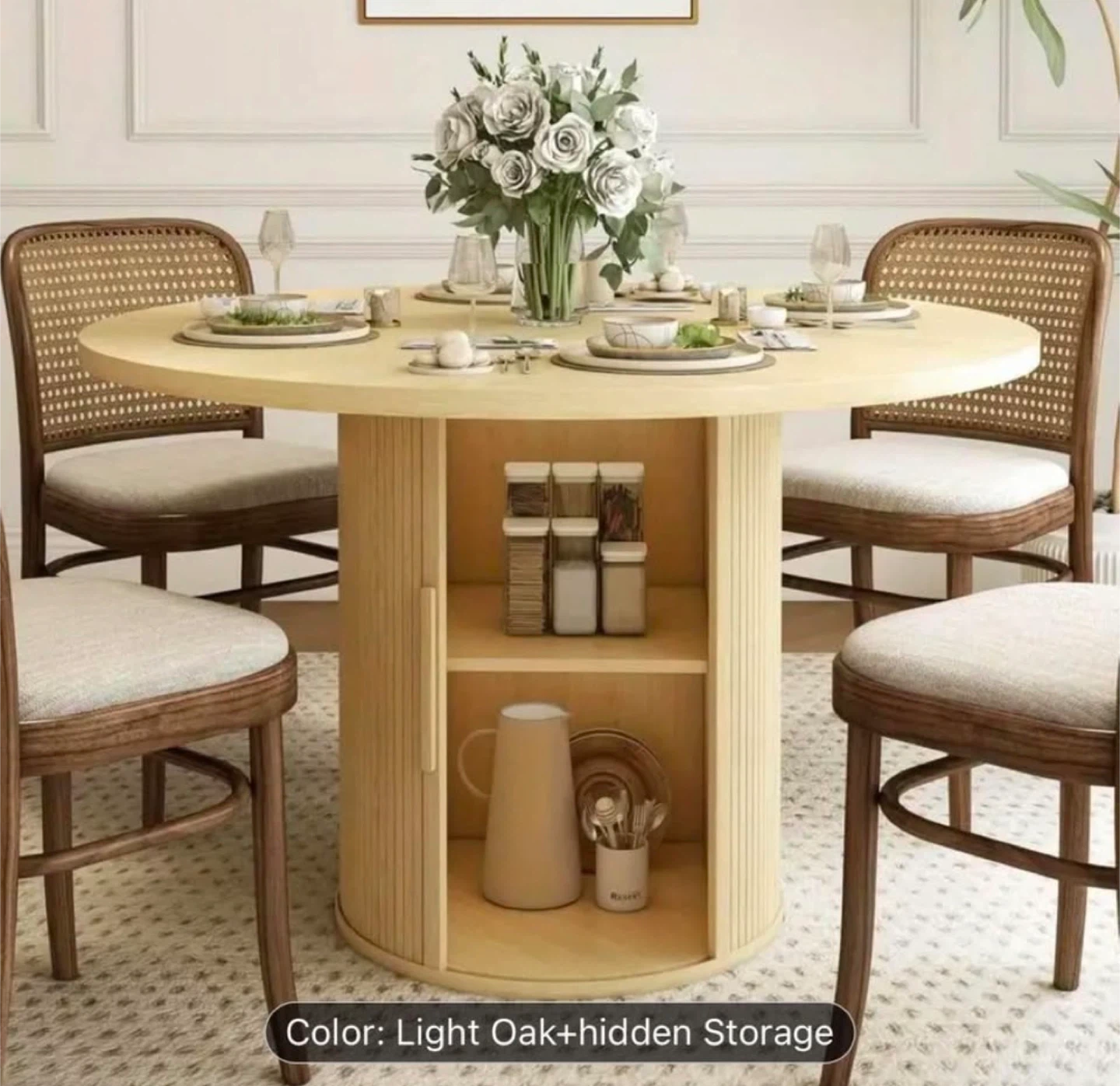 Round Dining Table with Hidden Storage - Light Oak - photo 2